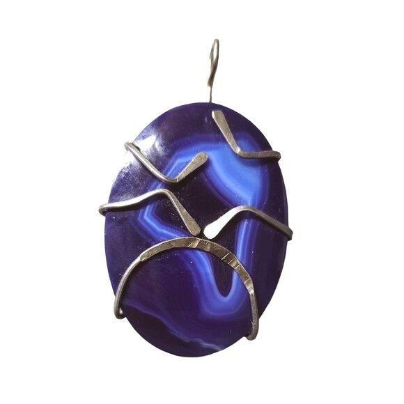 Abstract Blue Agate Pendant Wrapped In Sterling Silver - Hand Crafted - Picture 1 of 3